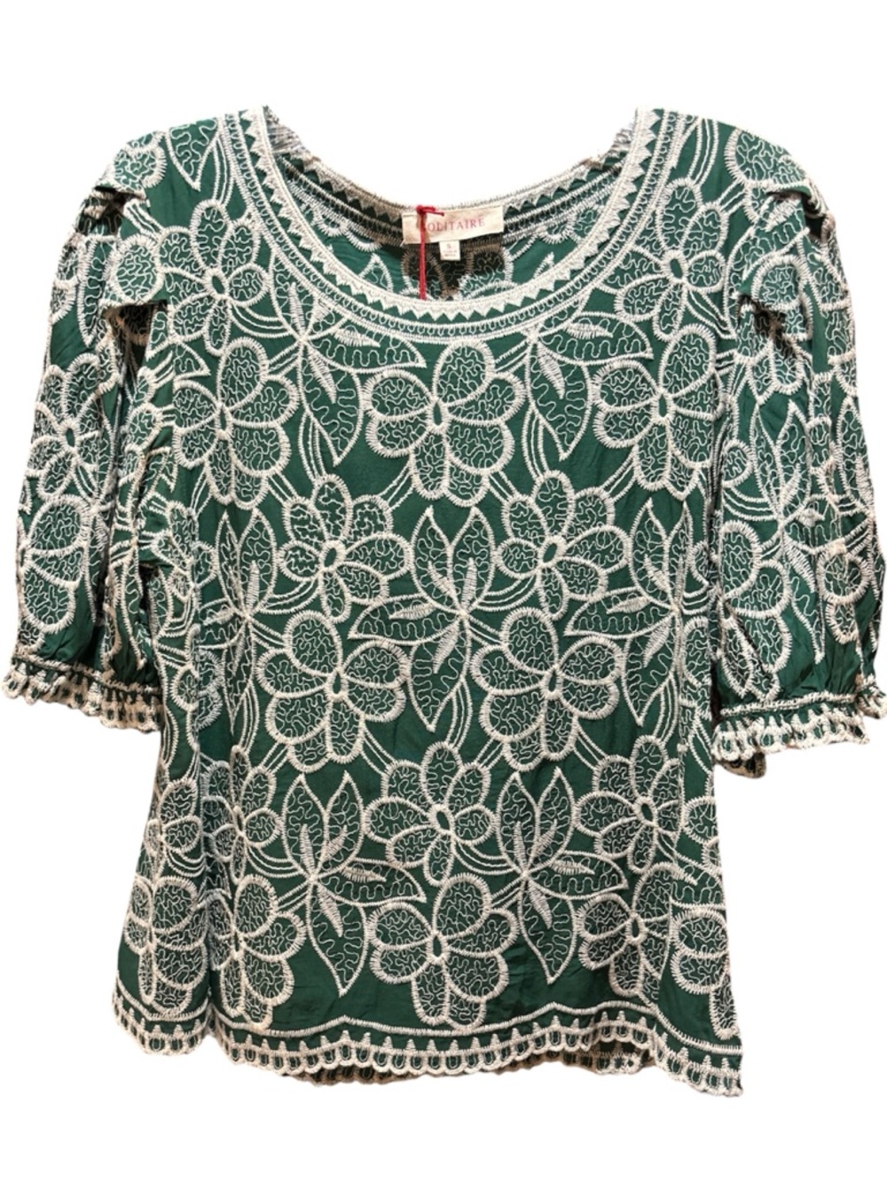 SOLITAIRE Anthropologie Emerald Green Embroidered Floral Peasant Top Size Small
